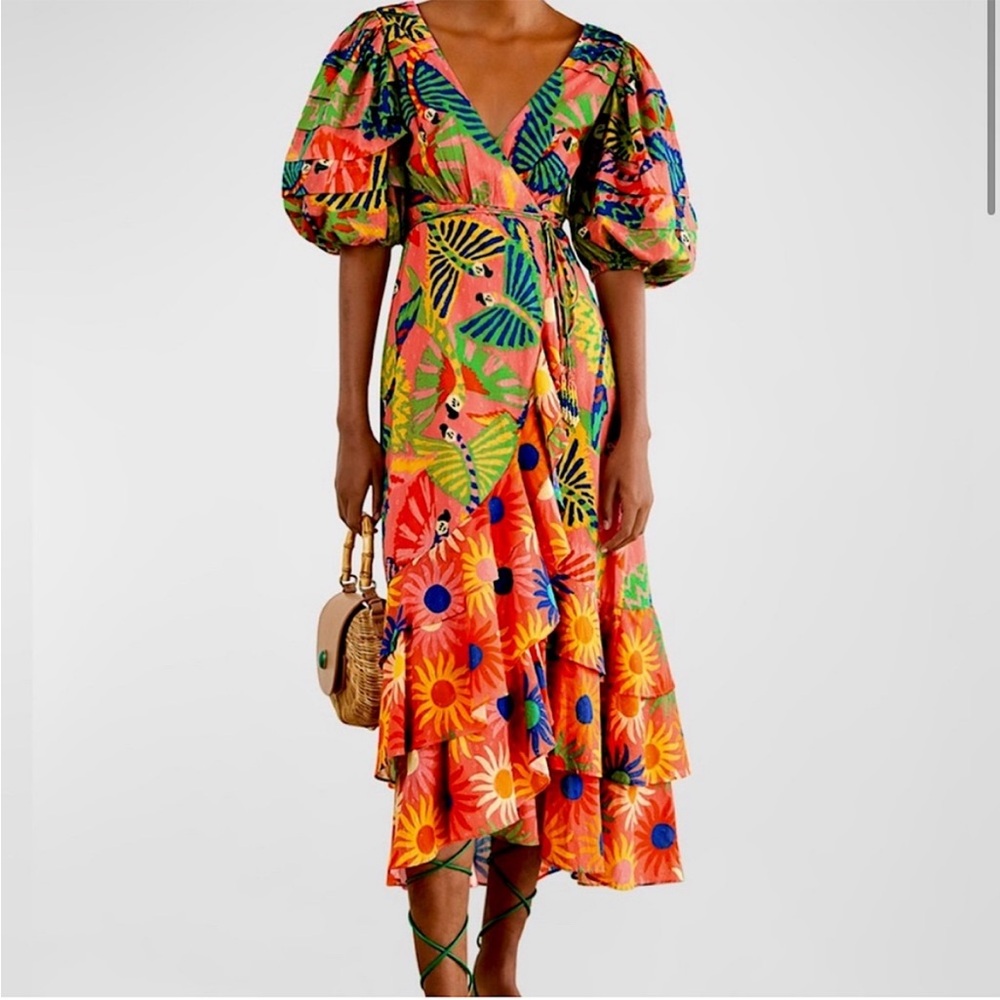FARM RIO Coral Mixed Graphic Macaws Puff Sleeve Midi Dress - SMALL